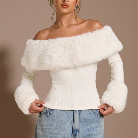 Women's Casual Off Shoulder Fuzzy faux fur detailed  Sweater Top - Picture 5 of 7